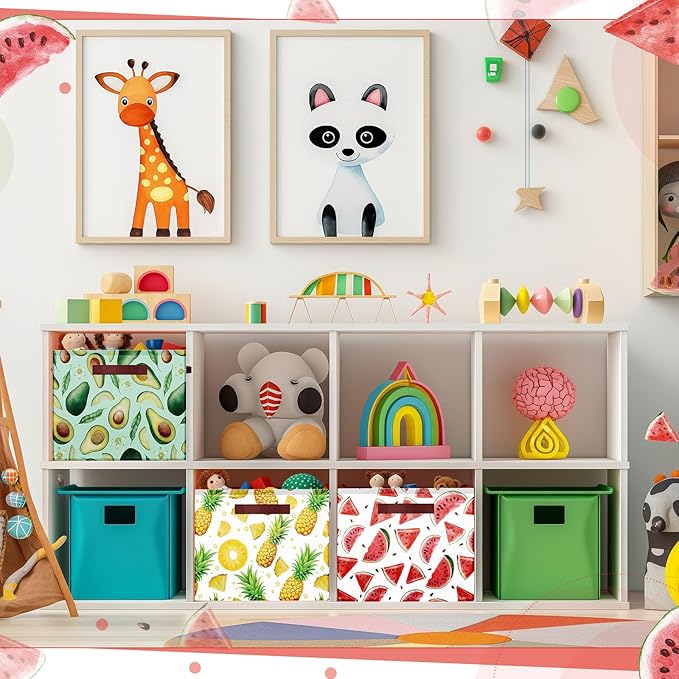 Boao 3 Pack Fruit Pattern Storage Basket with Handles, Large Collapsible Canvas Storage Bins, Cute Rectangle Laundry Basket Organizer for Kids Room, Playroom, Bedroom, Closet, Kitchen, Nursery Decor