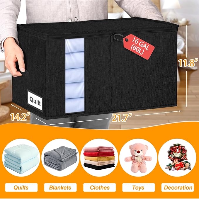 boailydi 60L Comforter Storage Bag, Sturdy Construction Blanket Storage Bin w/Durable Handles, Foldable Storage Box w/Dual Zippers for Sheets Quilts Sweaters Bedding Sets Pillows, 2 Pack, Black