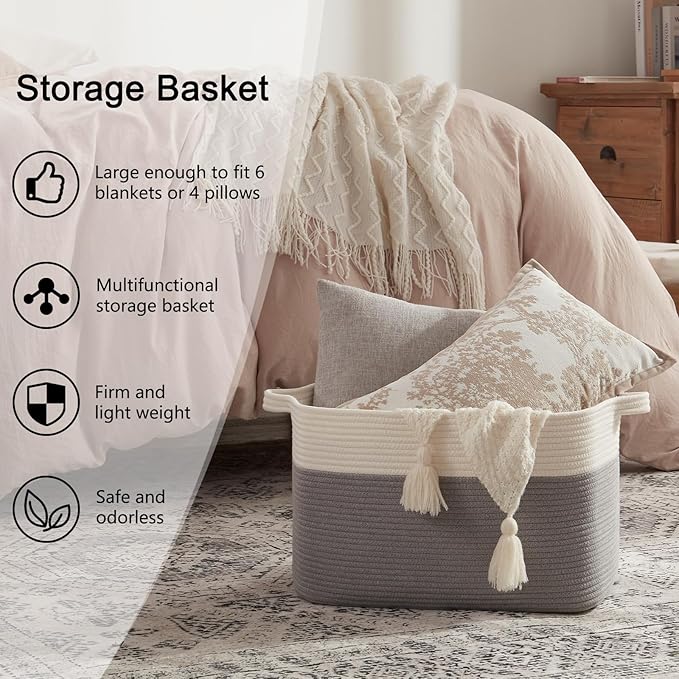 OIAHOMY Large Storage Basket, Cotton Rope Woven Blanket Basket, Toy Bin for Baby Room, Container for Blanket Storage in Living Room, 20''×16''×12'', Grey & White