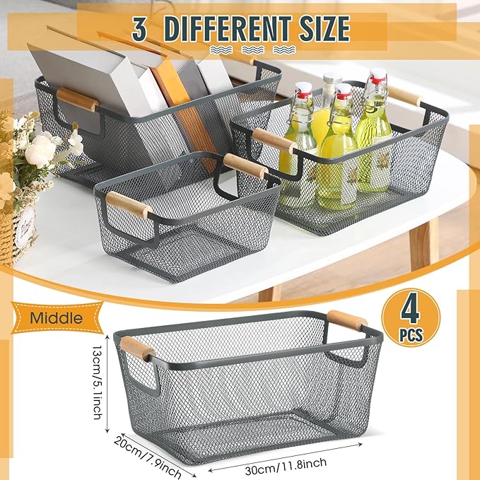 4 Pcs Metal Wire Basket with Wooden Handles Mesh Steel Storage Organizer Bin Containers for Home Organizing Cabinet Pantry Closet Kitchen Fridge Fruit Makeup Snacks Gifts(Medium,Dark Gray)