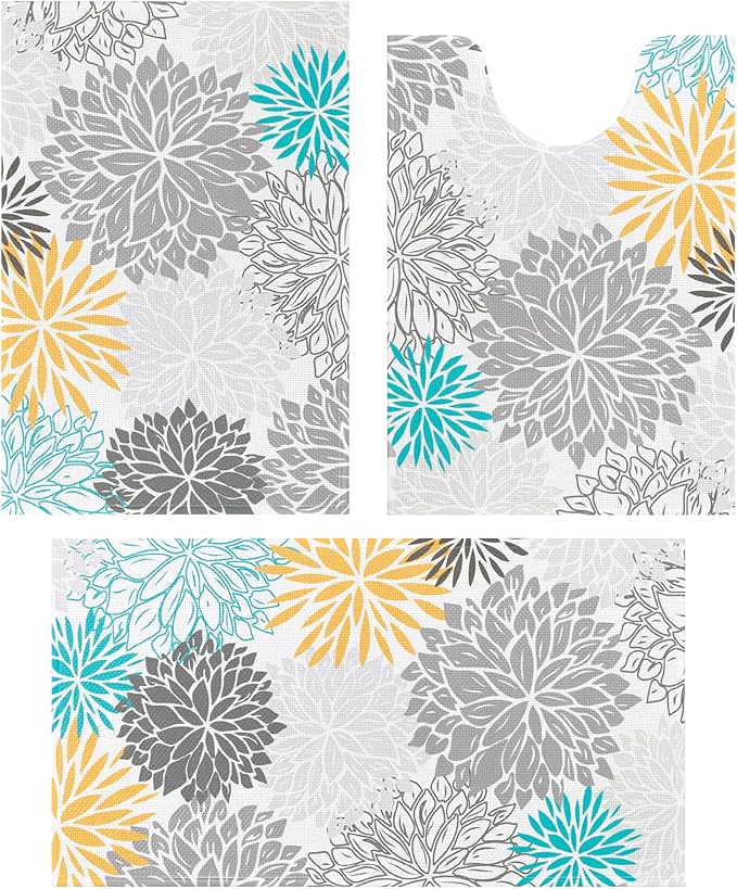 Vaukki Bathroom Rug Set 3 Piece, Non Slip Absorbent Rubber Backed Floral Bath Floor Mat Fit Under Door, Ultra Thin Quick Drying Bath Rug for Shower, Tub and Toilet, 17"x26"+17"x32"+17"x24"U, Grey