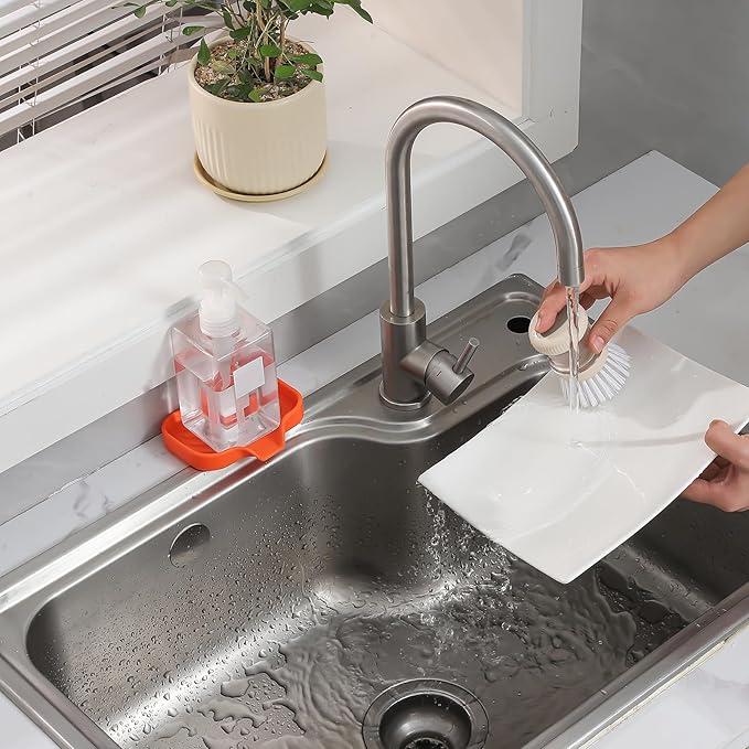 MicoYang Silicone Bathroom Soap Dishes with Drain Spout-Bathroom and Kitchen Sink Organizer,Sponge Holder,Dish Soap Tray,Perfect for Dispenser,Scrubber,Bottle,Cup on Sink or Counter-Orange 4.9"×3.2"