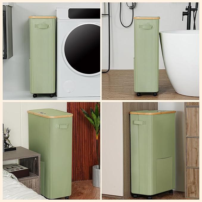 Laundry Basket with Wheels, Dirty Clothes Hamper on Wheels, Rolling Tall Laundry Hamper with lid for Laundry Room, Dorm and Bathroom, 75L Sage Green