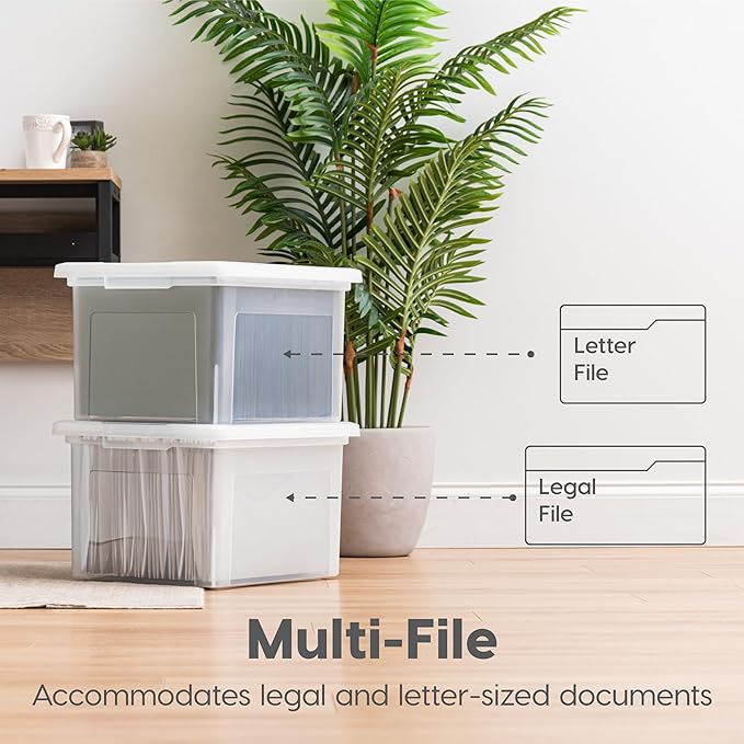 IRIS USA File Box, Plastic File Organizer with Lids for Letter/Legal File, Portable Document Box For Moving, Storage Bin with Durable and Secure Lid, Stackable Nestable BPA-Free, Pearl 35 Qt. 4 Pack