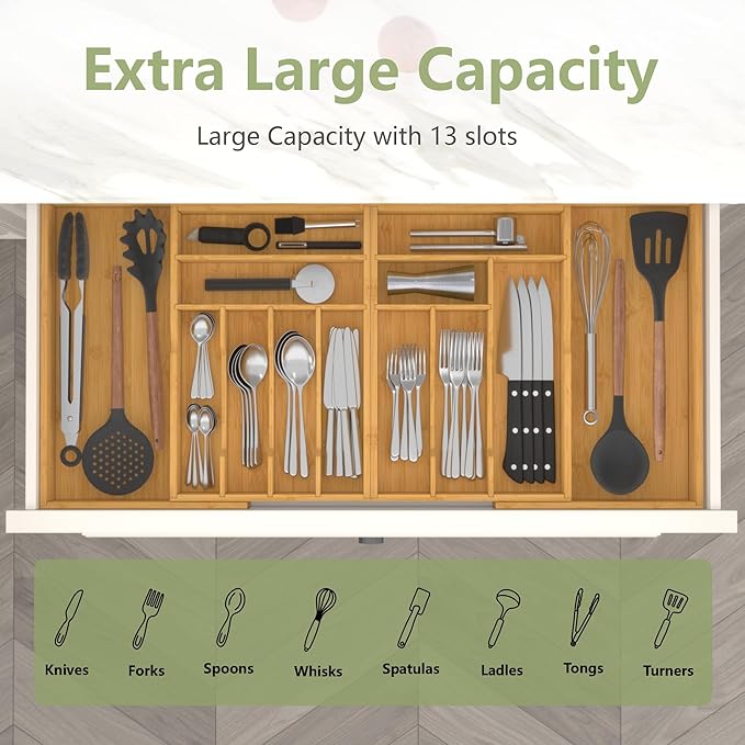 Suli Large Silverware Drawer Organizer，Adjustable Kitchen Flatware for Forks Knives and Spoons， Bamboo Cutlery Utensil Holder,Expandable from 22in-37in，Natural Bamboo