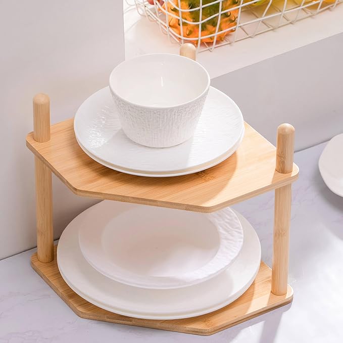 2-Tier Expandable Bamboo Corner Shelf - Dish/Plate Organizer for Cabinet, Kitchen Counter Shelf & Small Kitchen Shelf, Adjustable (1, 6.7" H)