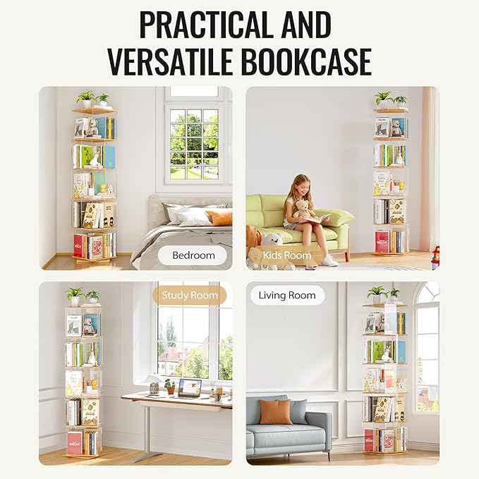 5-Tier Rotating Bookshelf, 360° Spinning Book Shelf Tower with Solid Wood & Clear Acrylic, Square Revolving Bookcase for Kids Room, Living Room, Bedroom and Office