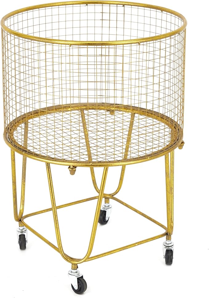 Deco 79 Metal Storage Cart Deep Set Metal Mesh Laundry Basket with Wheels, 16L x 16W x 24.95H, Gold
