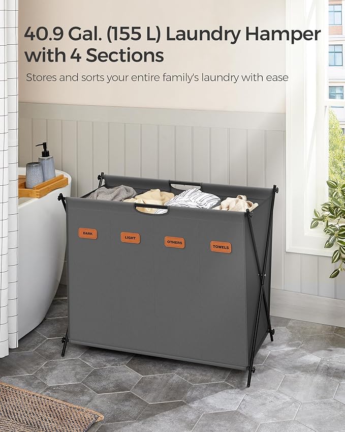 SONGMICS Laundry Hamper, Laundry Basket, 40.9 Gal. Laundry Sorter 4 Sections, Collapsible X-Frame, Clothes Organizer with Customizable Labels, Laundry Room, Bedroom, Bathroom, Slate Gray ULCB140G01
