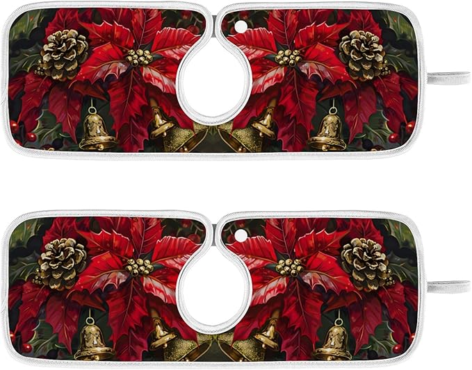2 Pack Faucet Splash Catcher Poinsettia Golden Bells Sink Mat for Faucet Absorbent Kitchen Splash Guard Drip Catcher for Farmhouse Barthroom Bar, S