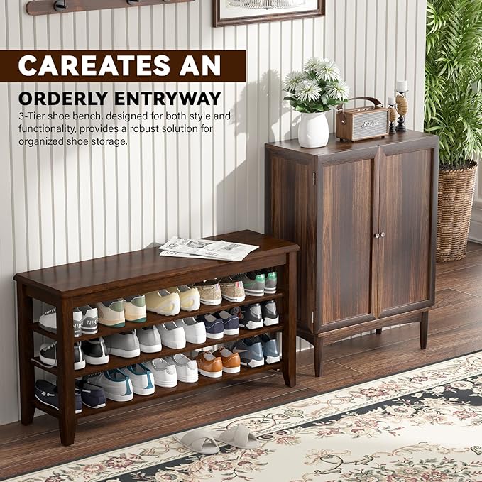 Taitiy Shoe Bench Storage Rubberwood, Entryway Bench with 3-Tiers Height Adjustable, Shoe Rack Front Door Entrance Organizer for Hallway Living Room, Mudrooms, Walnut,31.5"