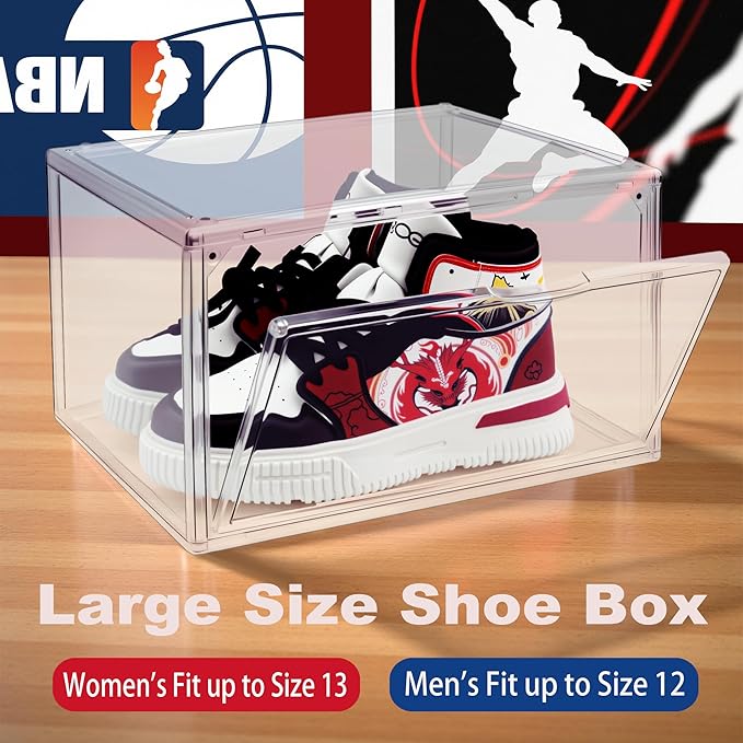 10 Pack Acrylic Sneaker Shoe Display Case, Size 12.5 Clear Shoe Boxes Stackable Purse Handbag Collectibles Organizer with Magnetic Door, Size 12.5 for Men Women Shoes Rack