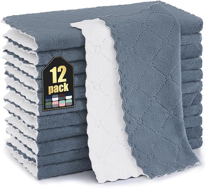 Homaxy 12 Pack Kitchen Cloths Dish Towels (10" x 10", Dark Grey & White), Super Soft and Absorbent Dish Cloths, Coral Velvet Microfiber Cleaning Cloth, Nonstick Oil Fast Dry Dishcloths