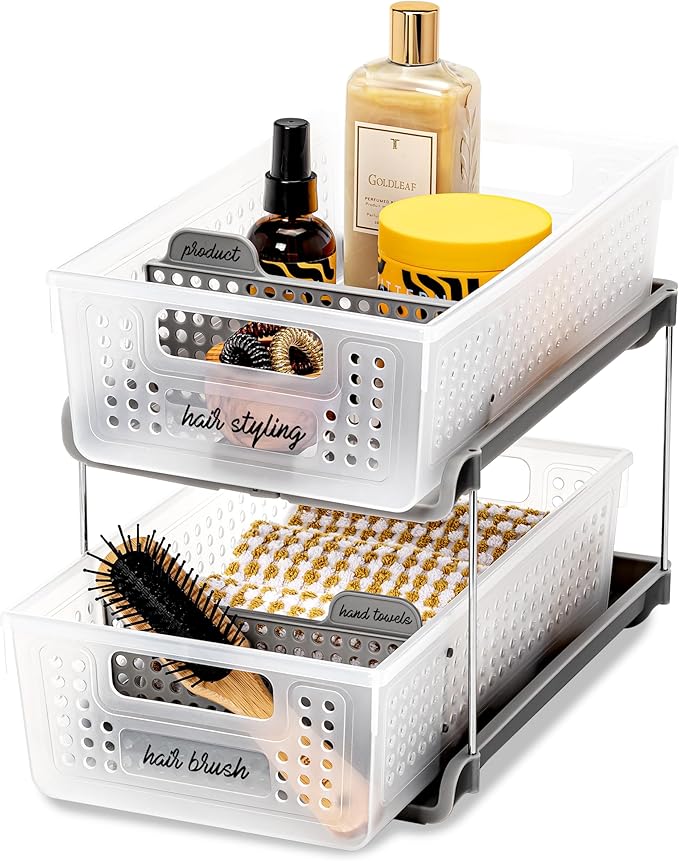 madesmart Premium 2 Tier Organizer, Under Cabinet Storage with Pull Out Sliding Drawers, for Cleaning Supplies, Undersink, Sponges, Bottles & Bath, Adjustable Dividers & Pull Out Baskets, Frost