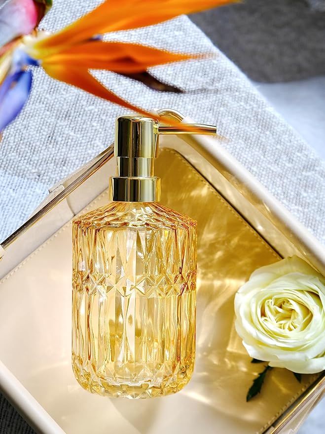 Clear Glass Soap Dispenser with Gold Rust Proof Pump, Refillable Thick Glass Kitchen Soap Dispenser, Lotion Dispenser Bathroom for Hands Soap, Dish Soap, Body Wash (Yellow Gold
