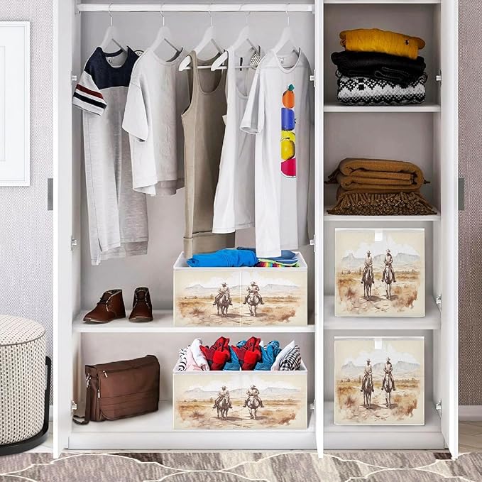 Two Western Cowboys Cube Storage Bin Foldable Storage Cubes Fabric Storage Baskets for Shelf Closet Home Organizers, 11 Inch