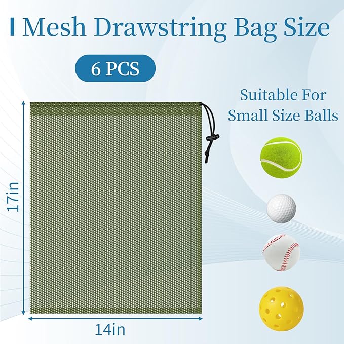 6 Pcs Mesh Bags Drawstring, 14x17 Inch with Lock, Multipurpose Storage Bags for Gym, Balls, Beach, Laundry (Green)