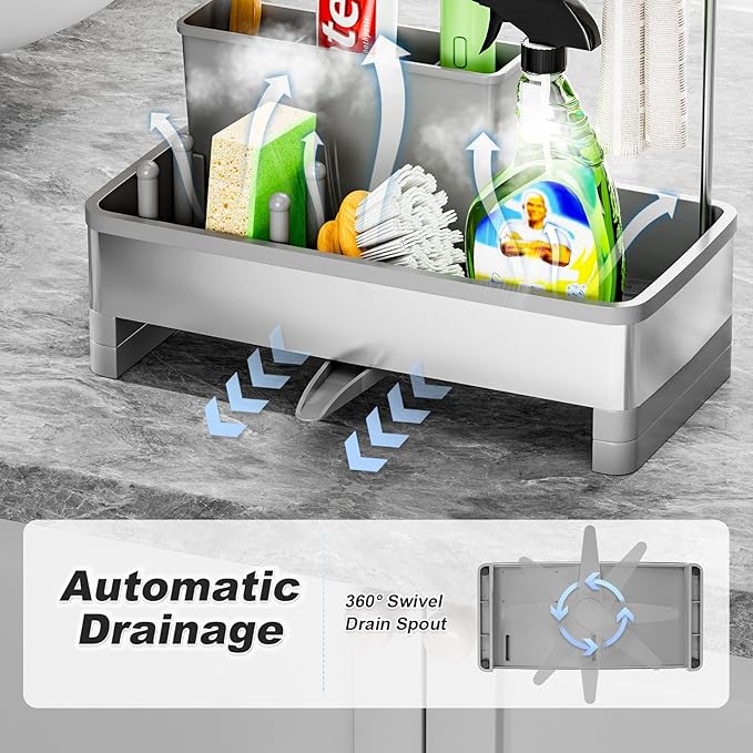 Ewaiira Stainless Steel Sink Caddy, Sponge Holder for Kitchen Sink with Brush Holder & Dishcloth Rack, Rustproof Sink Organizer Countertop, Kitchen Organizers Storage Essentials (F-Gray)