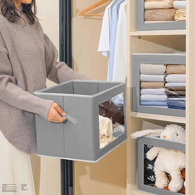 Large Storage Bins with Lids - Fabric Storage Cubes with Window, Collapsible Bins for Clothes, 15.7 Inch Large Baskets for Bedroom, Dorm, Office, Grey, 6 Pack