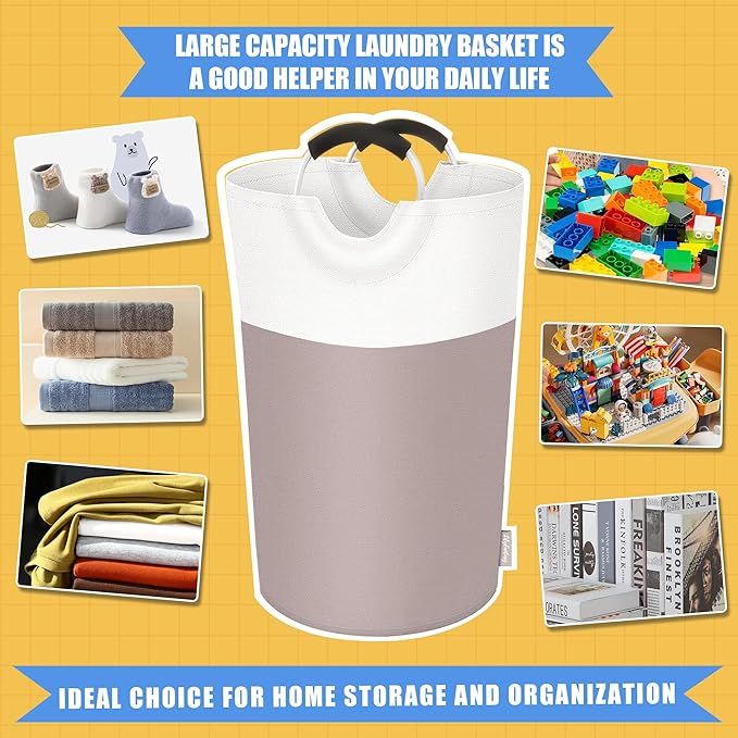 125L Laundry Basket, Collapsible Laundry Hamper with Padded Handles, Waterproof Laundry Bag, Tall Clothes Hamper Stand Up Well, Foldable Laundry Baskets for Easy Storage(Khaki)