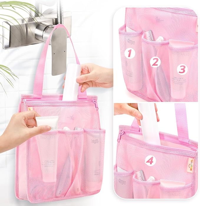 famichan Mesh Shower Caddy Portable, Gym Travel Camp Dorm Room Essentials for Women and College Girl, Pink Bathroom Shower Bag