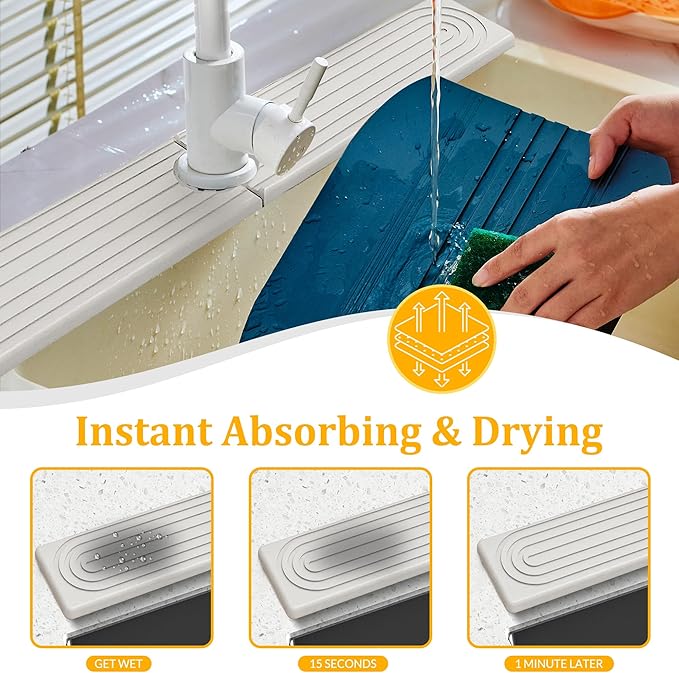 Faucet Mat for Kitchen Sink, Super Absorbent Faucet Splash Guard, Diatomite Stone Sink Tray, Kitchen Sink Splash Guard, Faucet Absorbent Mat for Bathroom Counter, Stone Drying Mat