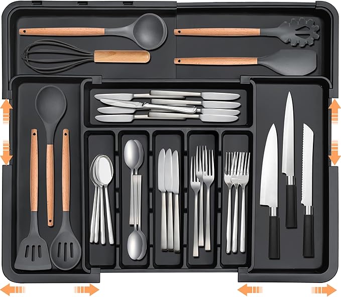 Silverware Organizer Expandable Kitchen Utensil Drawer Organizer Large BPA Free Adjustable Cutlery Silverware Tray for Spoons Forks Knives Storage Divider for Kitchen Flatware 6-9 Slots Black