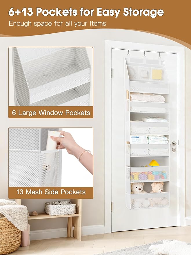 Criusia 2 Pack Over the Door Organizer, Heavy-Duty 6-Shelf Hanging Storage with 13 Mesh Pockets, 55lbs Capacity Behind the Door Storage for Nursery, Bathroom, Bedroom, and Dorm, White