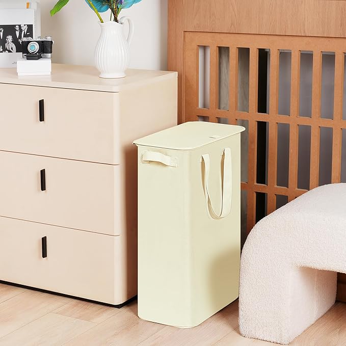 efluky Slim Laundry Basket with Lid, Narrow Laundry Hamper with Handles, Collapsible Dirty Clothes Hamper, Tall Laundry Bin for Laundry Room, Dorm and Bedroom, 55L Beige