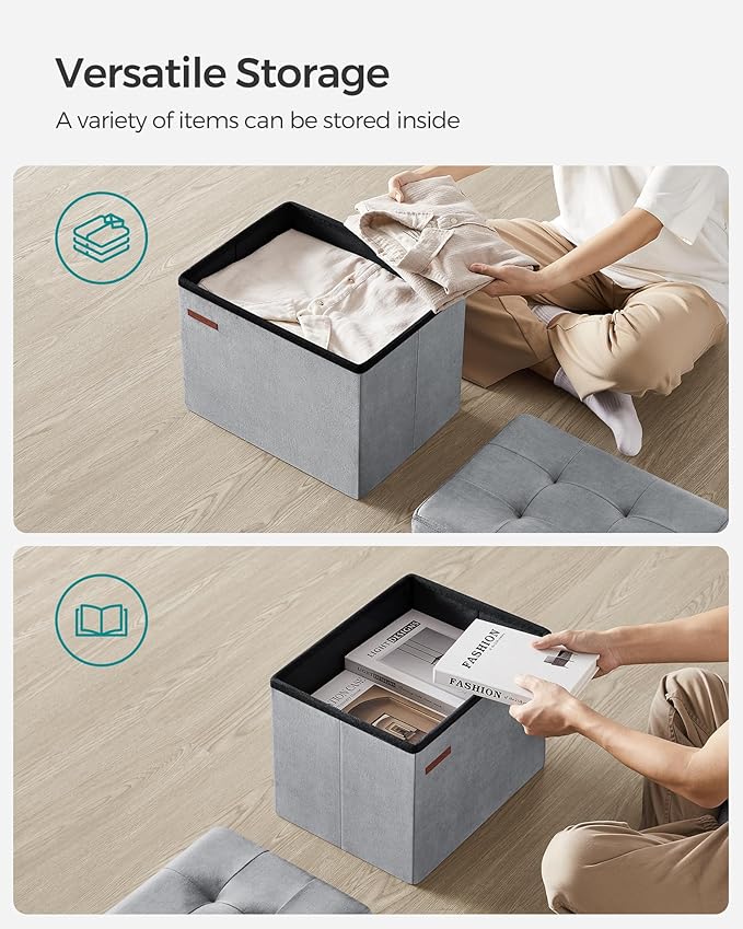 SONGMICS Storage Ottoman, Foldable Small Ottoman Foot Rest, 12.2 x 16.1 Inches Foot Stool, Ottoman with Storage, Load up to 286 lb, for Living Room, Bedroom, Dorm, Dove Gray ULSF200G02