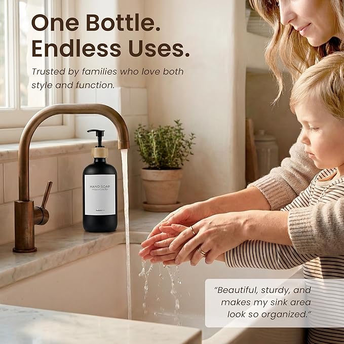 MaisoNovo Glass Hand Soap Dispenser | Dish Soap Dispenser for Kitchen | 16.9oz Black Bottles with Black Bamboo Pump | Bathroom Lotion Dispenser