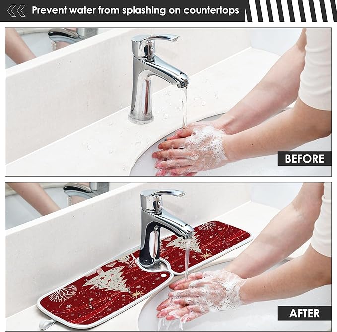 2 Pack Faucet Splash Catcher Christmas Tree Sink Mat for Faucet Absorbent Kitchen Splash Guard Drip Catcher for Farmhouse Barthroom Bar, S
