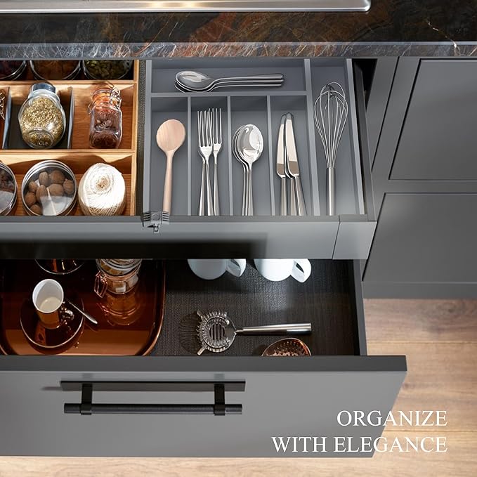 Bamboo Silverware Organizer, Kitchen Drawer Organizer, Utensil Holder, Cutlery Tray & Spoon Flatware Storage with Grooved Drawer Dividers (7 Slots, Grey)