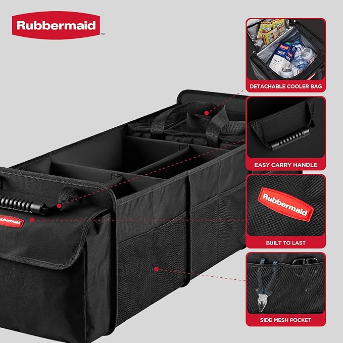 Rubbermaid Car Organizer, Collapsible Trunk Organizer with Lid & Removable Leakproof Cooler Bag, Multi-Compartment Car Storage Organization for Car Accessories, 5 Compartments Without Cover,