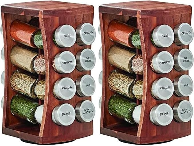Kamenstein 16 Jar Hourglass Revolving Countertop Spice Rack with Spices Included, FREE Spice Refills for 5 years, Acacia with Stainless Steel Caps,Brown (Pack of 2)