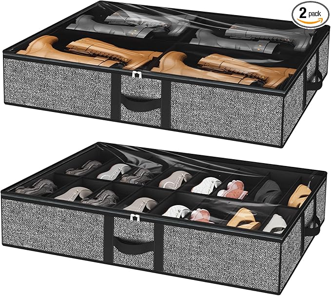 homyfort Under Bed Shoe Storage Organizer Fits 16 Pairs Shoes and 4 Pairs Boots, Underbed Shoe Storage Boxes Bins, Organizador De Zapatos, Extra Large Zapateras Organizer for closet, Black, Set of 2