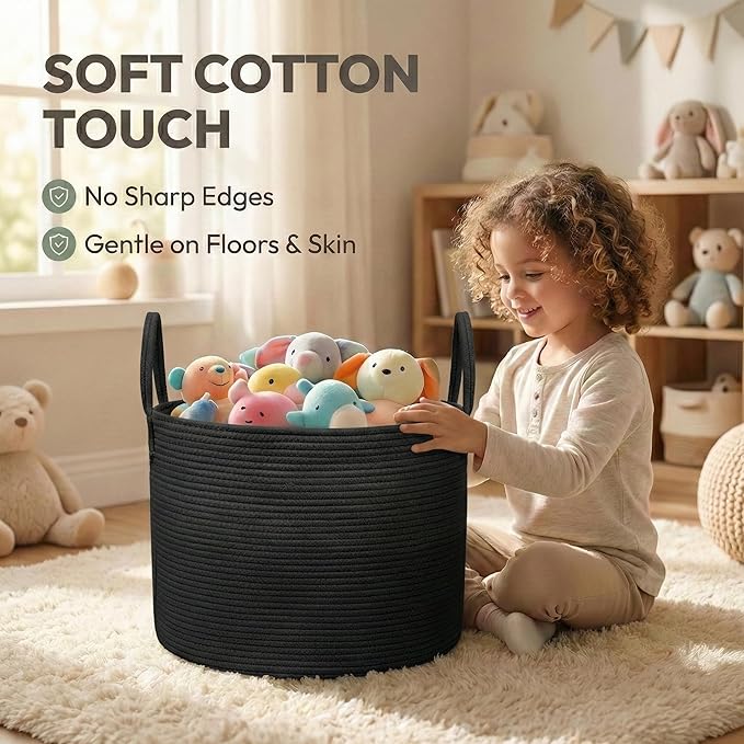 65L Extra Large Blanket Basket for Living Room - Woven Cotton Rope Laundry Hamper with Reinforced Handles - Storage Bin for Pillows, Comforters & Toys - Machine Washable,Black