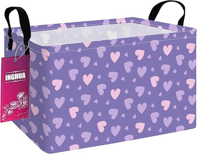 Rectangular Storage Basket Fabric Organizer Bin for Toys,Books,Clothes,Gifts,Pets-Perfect for Home,Office,Nursery,Dorm,Shelf(Rec-Purple hearts)