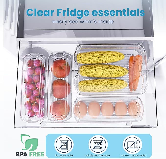 10 Pack Refrigerator Organizers, Clear Container and Organizer Bins with Lids, Stackable Storage Containers for Fruits, Vegetable (Set of 10)