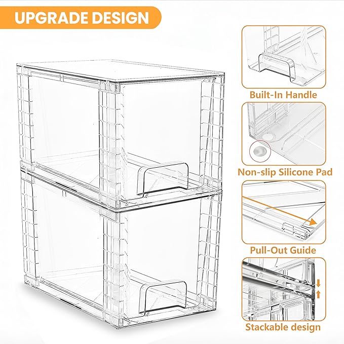 2 Pack Large Stackable Storage Drawers, Acrylic Bathroom Undersink Closet organizers and storage, Clear Plastic Bins for Pantry, Kitchen Cabinets, Makeup, Perfume, Baby Bottles, Medicine Organization