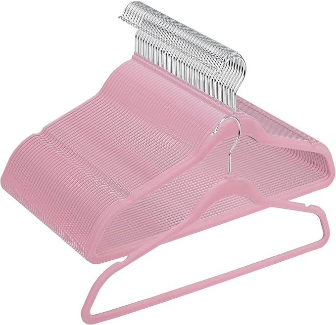 ZenStyle 100 Pack Ultra Thin Velvet Hangers - Clothes Suit Hangers, 360 Degree Swivel Hook, Velvet Flocked Surface (Pink)