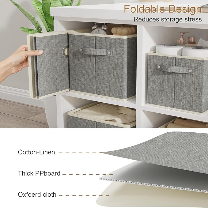 Fabric Open Storage Bins with Metal Handles, Collapsible Organizer Baskets, Foldable Cube Boxes for Shelves, Closet, Living Room, 15x9.8x9.8in, Grey, 4 Pack