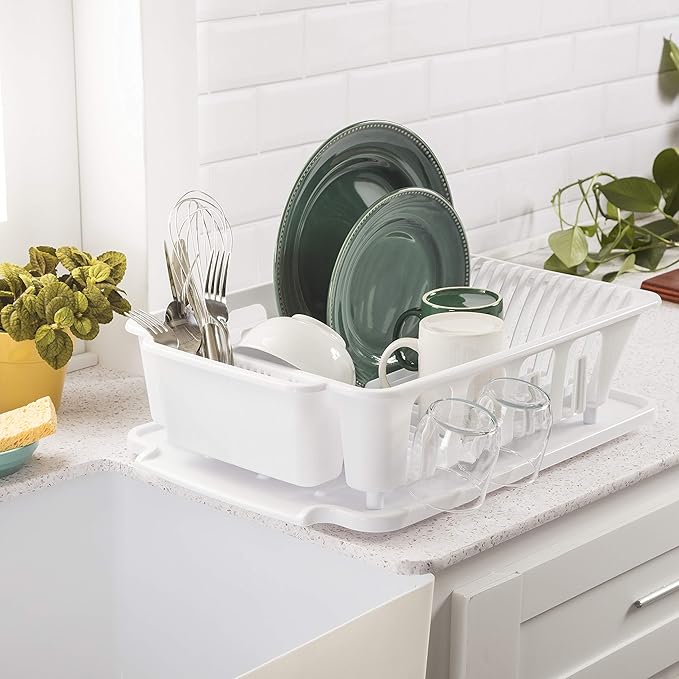 STERILITE 2-Piece Large Sink Set Dish Rack Drainer, White (18 L x 13 3/4" W x 5 1/2" H), 3/4" L x 3/4" W x