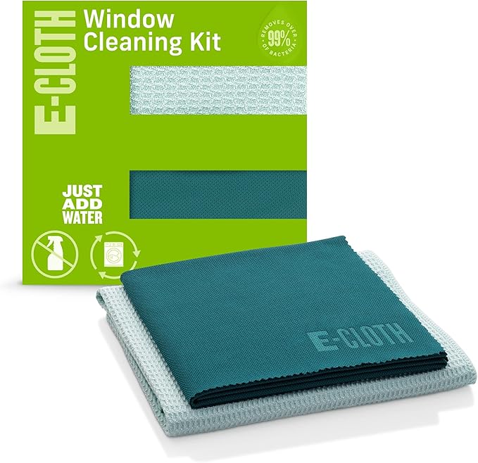 E-Cloth 3-Pack Window Cleaning Cloth - Streak-Free Glass & Mirror Cleaning Kit with Just Water, Glass Cleaning Cloth, Microfiber Towel Kit for Windows, Car Windshield, Mirrors - Alaskan Blue