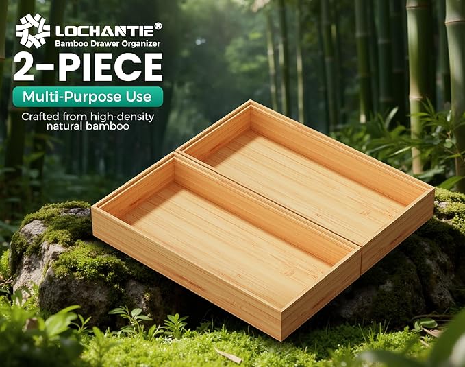 Bamboo Kitchen Drawer Organizer Boxes – 12" x 6" Stackable Wood Silverware Utensil Tray for Drawers Bins, Cutlery & Flatware Storage – Wooden Organizers Set of 2 for Junk Drawer, Bathroom, RV