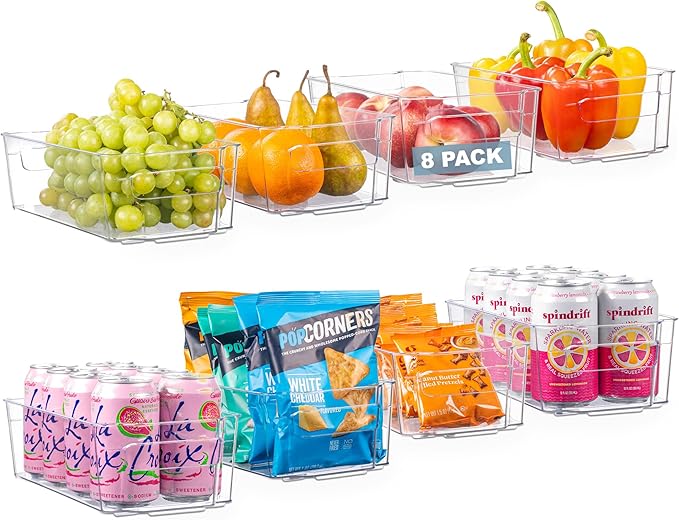 Oizeir 8 Pack Clear Plastic Fridge Organizer Bins - Stackable Refrigerator & Pantry Storage Bins with Handles for Snacks, Freezer, Kitchen Cupboard, and Cabinet Organization