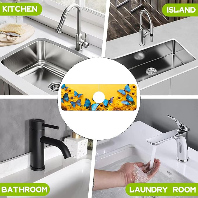 Kitchen Sink Splash Guard Faucet Mat Super Absorbent Fast Drying Mat Guard Behind Faucet Drip Catcher for Kitchen Bathroom (Sunflowers and Blue Butterflies, 23.5"X5.5")