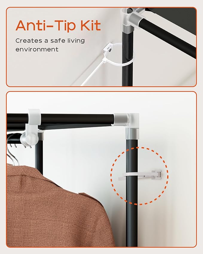 Portable Closet, 51.2 Inch Large Capacity Wardrobe Closet with Cover, Clothes Storage Organizer with Shelves and 3 Hanging Rods, Easy to Assembly, Black PCT203B01