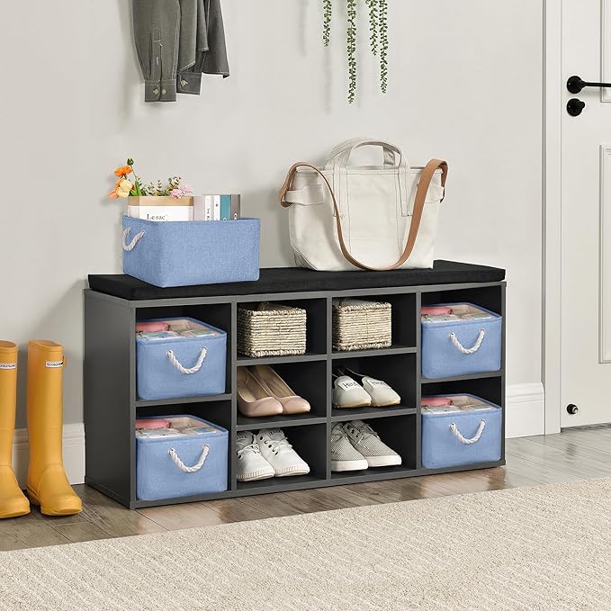 Storage Bins with Sturdy Cotton Handles(3 Pack), Fabric Storage Baskets for Organizing use for Office & Home, Book, Clothes, Toys, Closet Boxes (Medium, Blue, 14.2x10.2x7.1 inches)