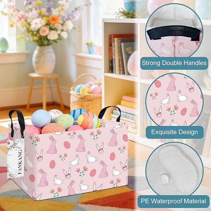 FANKANG Storage Bins,Nursery Hamper Canvas Laundry Basket Foldable with Waterproof PE Coating Storage Baskets for Boys and Girls, Office, Bedroom, Clothes,Toys(Rec-Rabbit ）